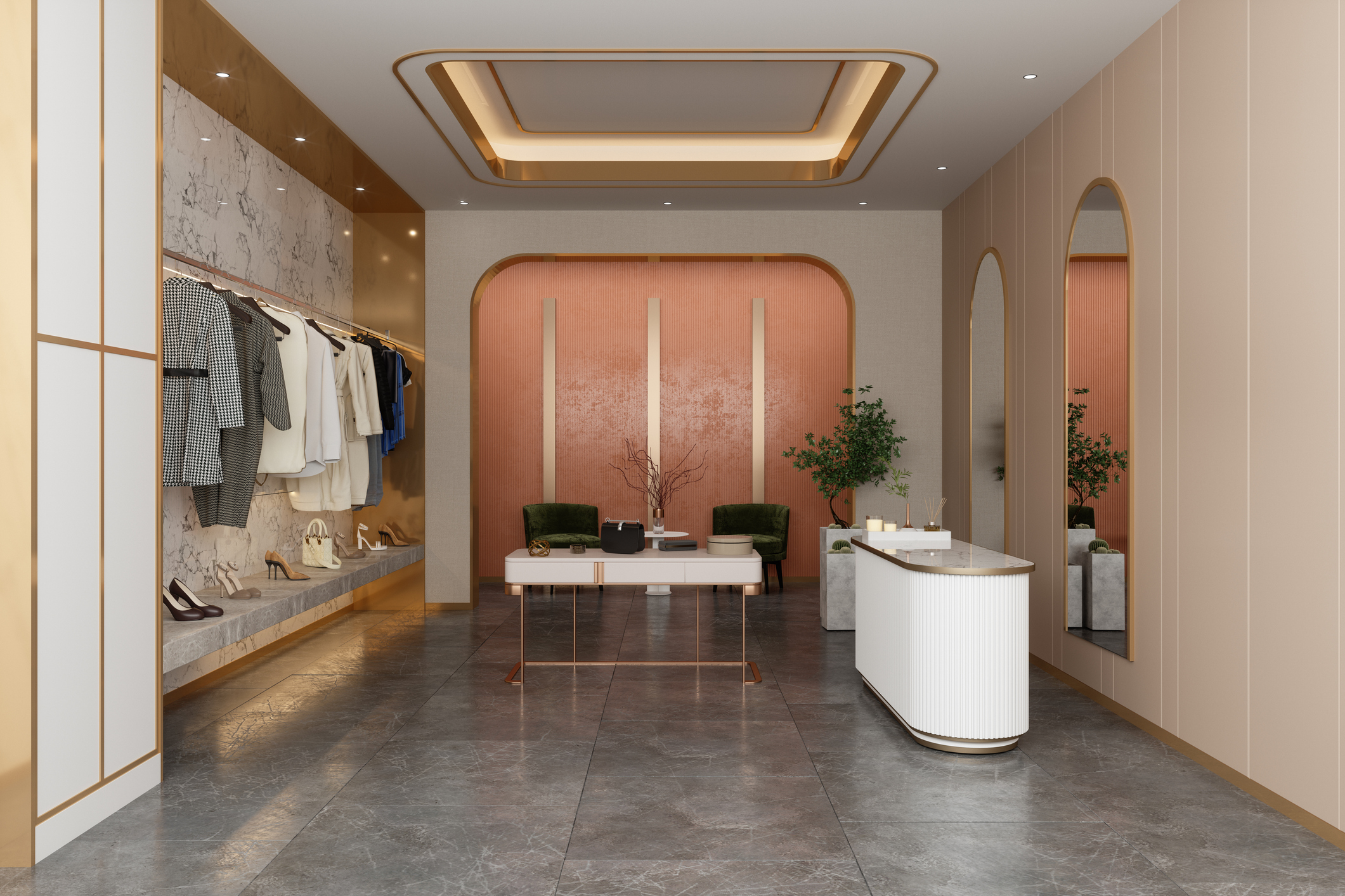 Interior of clothing store fitout with feature lighting and gold accents